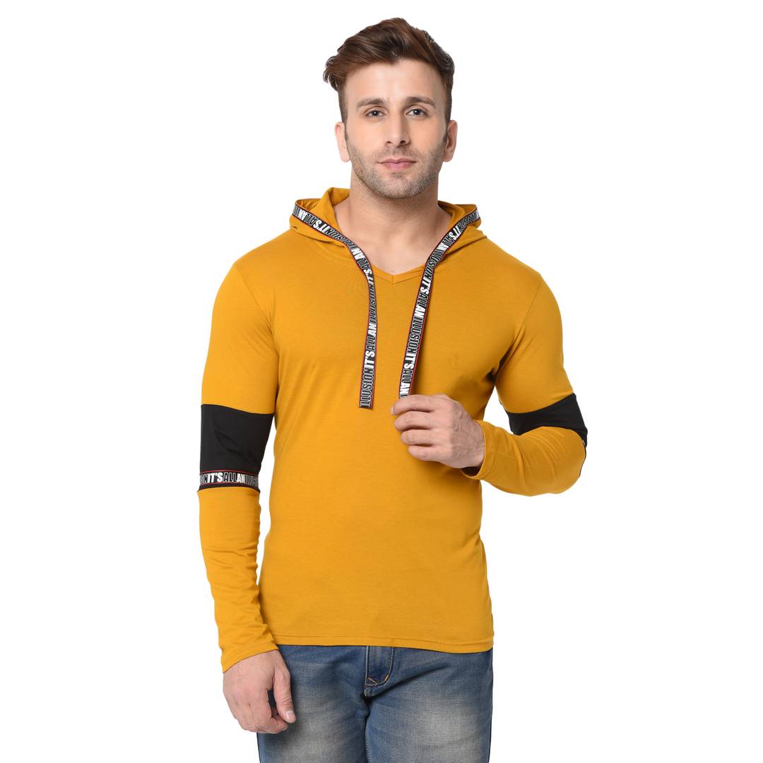 Men's Yellow Typography Cotton Self Pattern Hooded T-Shirt - SVB Ventures